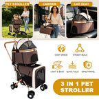 Double Pet Stroller for Dogs and Cats with Foldable Frame - Khaki