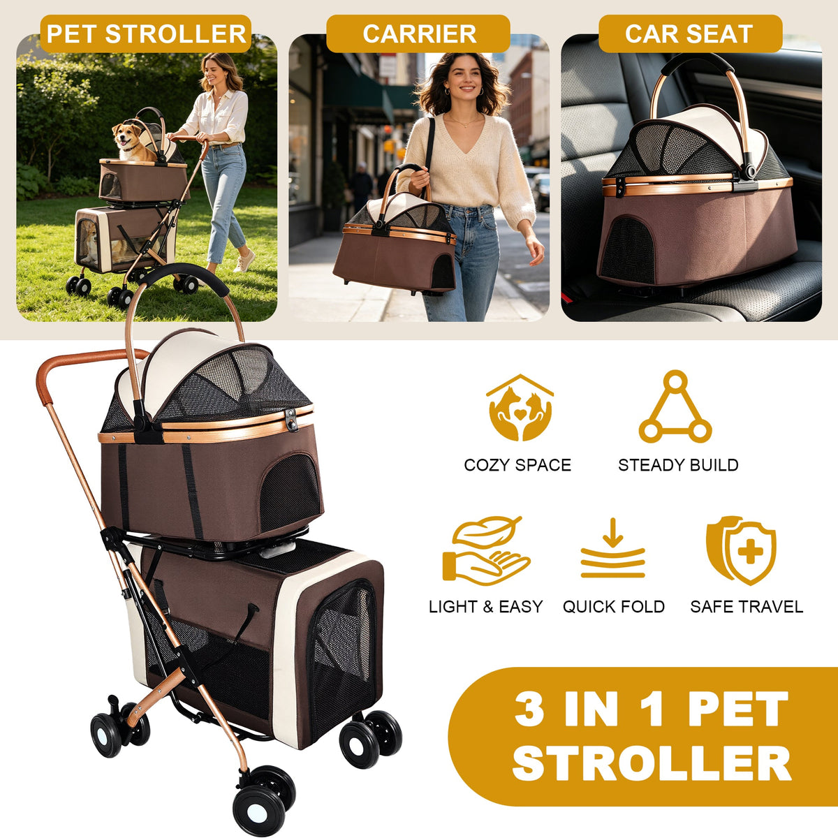 Double Pet Stroller for Dogs and Cats with Foldable Frame - Khaki