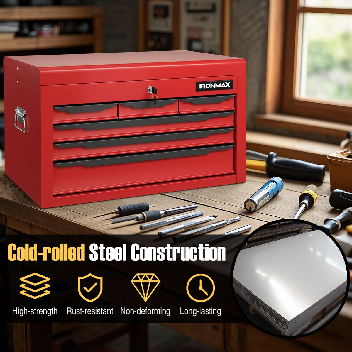 24 Inch Tool Chest Case with 6 Drawers and Top Storage for Garage Repair Shop & Warehouse