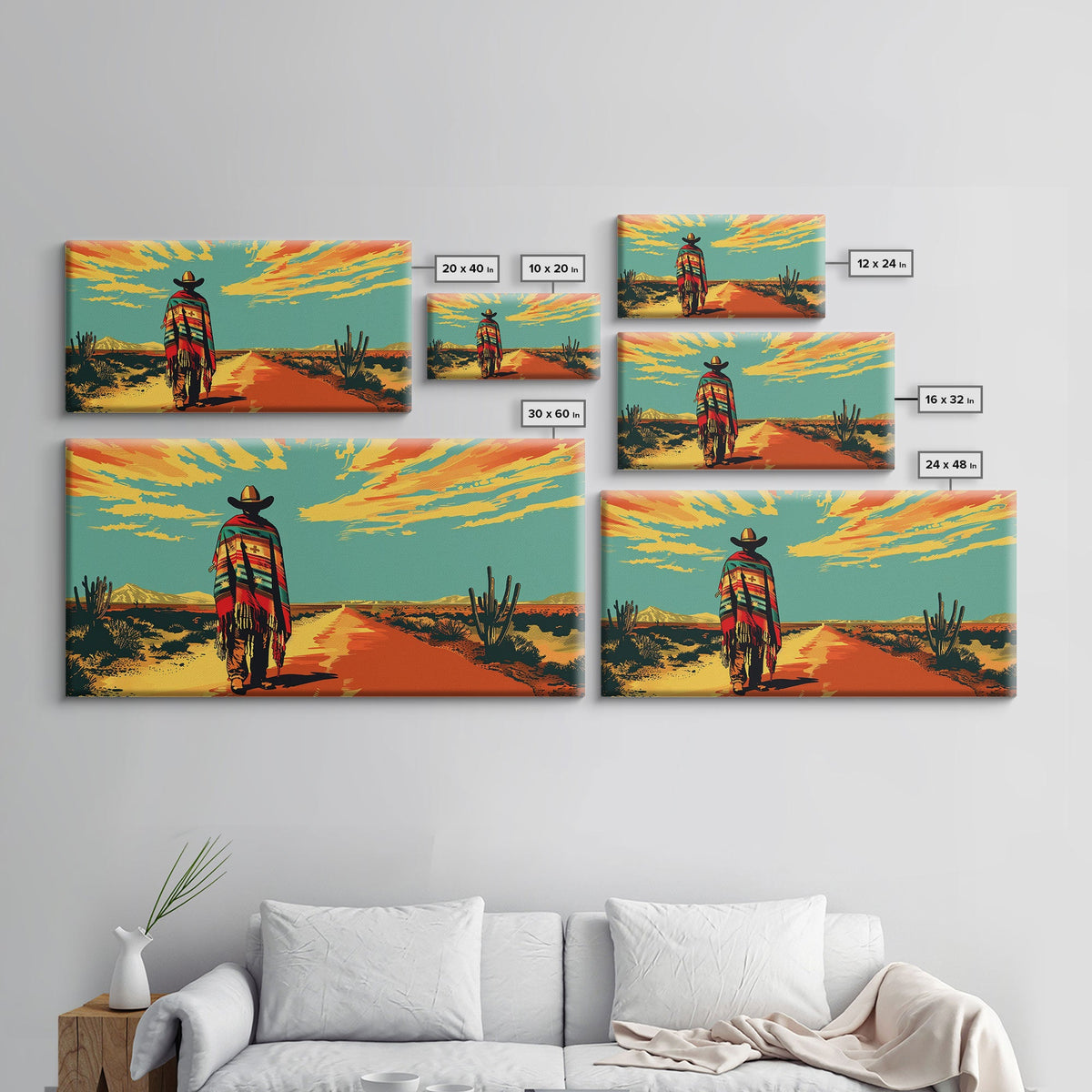 Lone Cowboy with Cactus in Desert, Perfect Living Room Art, Framed Canvas Print, Rustic Home Decoration, Boho Wall Art