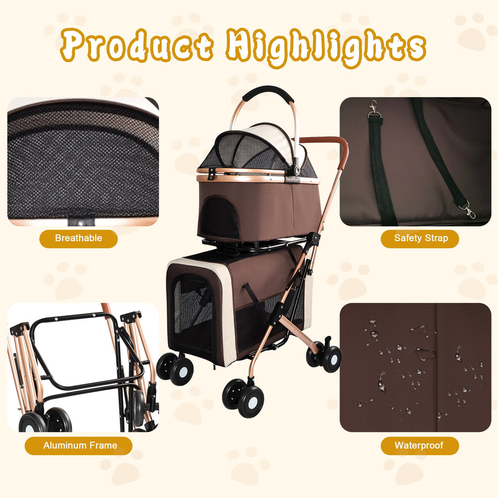Double Pet Stroller for Dogs and Cats with Foldable Frame - Khaki