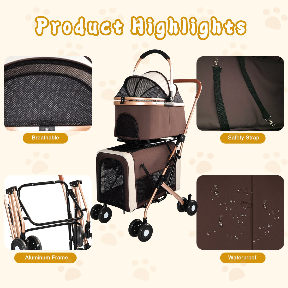 Double Pet Stroller for Dogs and Cats with Foldable Frame - Khaki