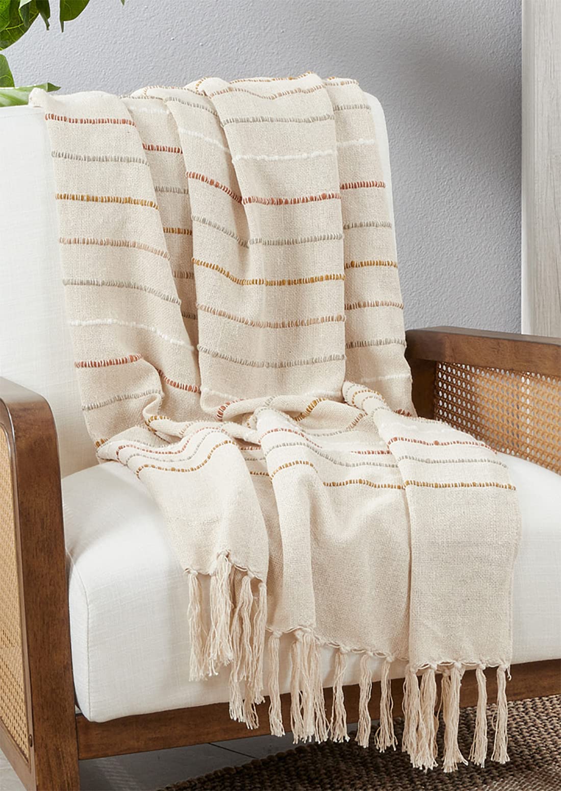 Fennco Styles Textured Stripe Throw Blanket with Tassel 50" W x 60" L – Ivory Woven Line Blanket for Bed, Couch, Sofa, Holidays, Home Décor and Office Décor