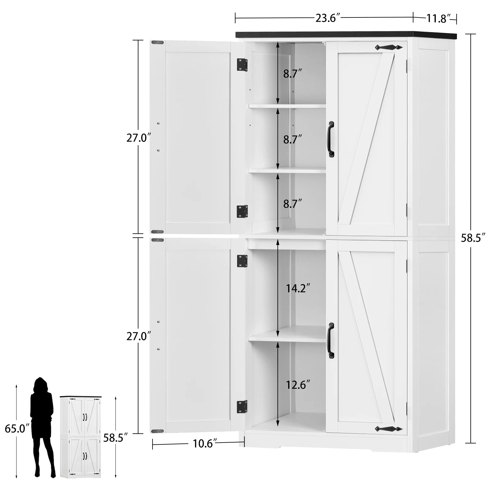 Storage Cabinet Adjustable Shelf, Farmhouse Kitchen Pantry Bathroom 4 Doors,