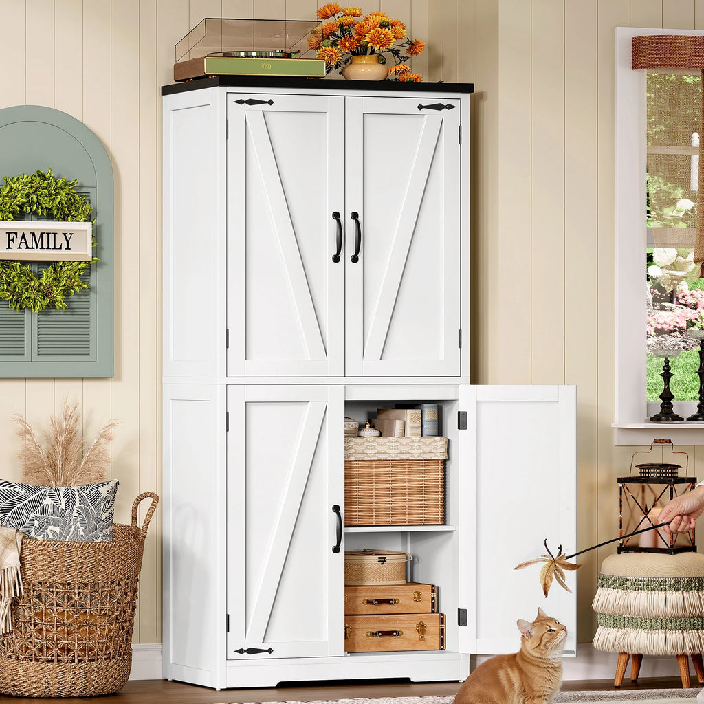 Storage Cabinet Adjustable Shelf, Farmhouse Kitchen Pantry Bathroom 4 Doors,
