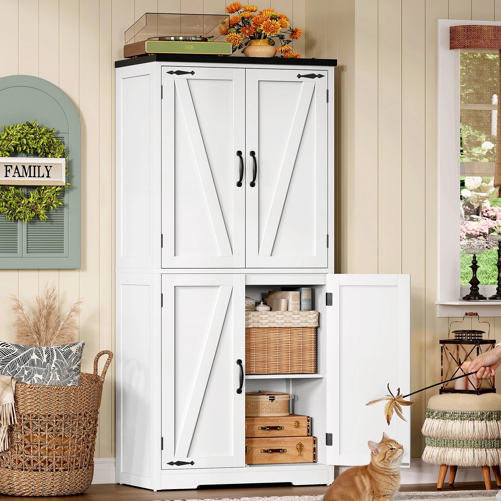 Storage Cabinet Adjustable Shelf, Farmhouse Kitchen Pantry Bathroom 4 Doors,