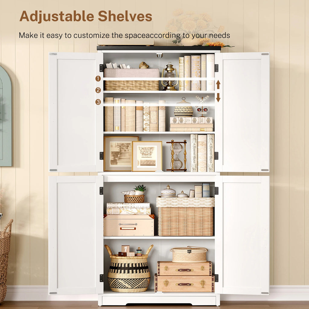Storage Cabinet Adjustable Shelf, Farmhouse Kitchen Pantry Bathroom 4 Doors,