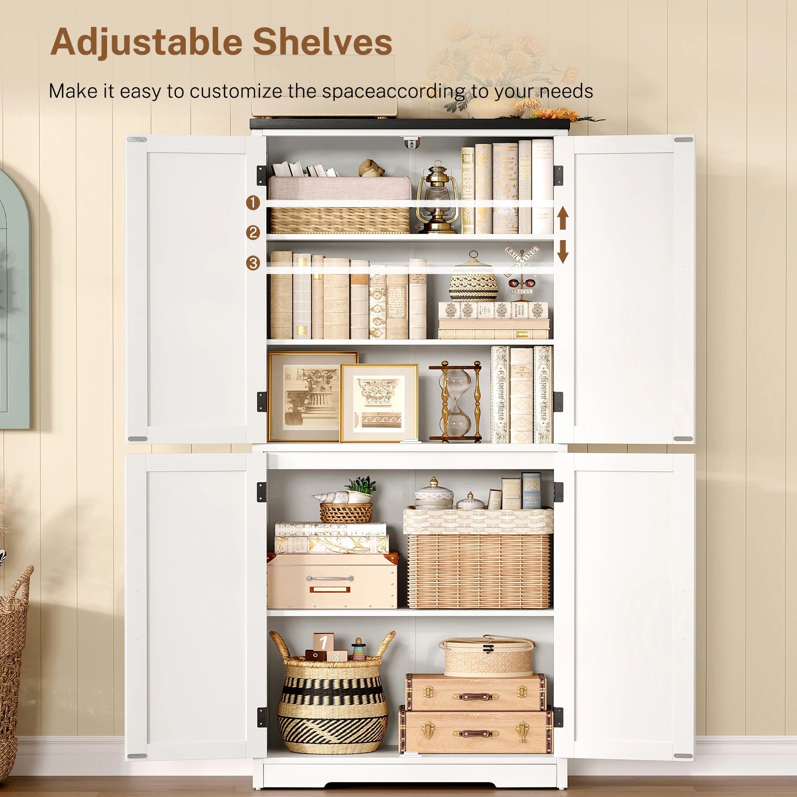 Storage Cabinet Adjustable Shelf, Farmhouse Kitchen Pantry Bathroom 4 Doors,