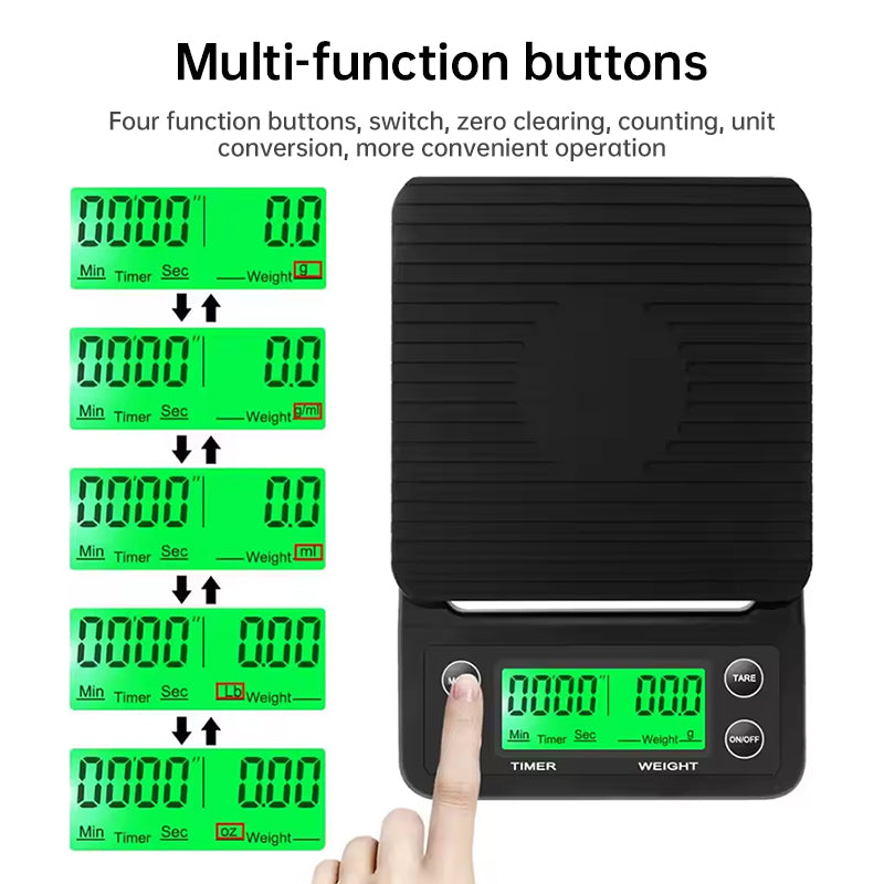 Digital kitchen coffee scale with timer, high - precision LCD, 5kg/0.1g