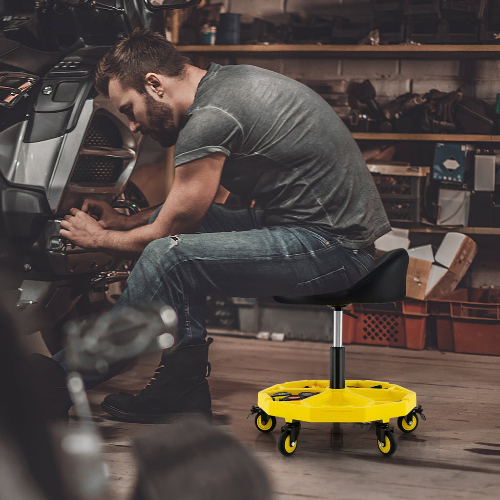 20 Inch-25 Inch Height Adjustable Rolling Garage Stool with Tool Tray Storage-Yellow