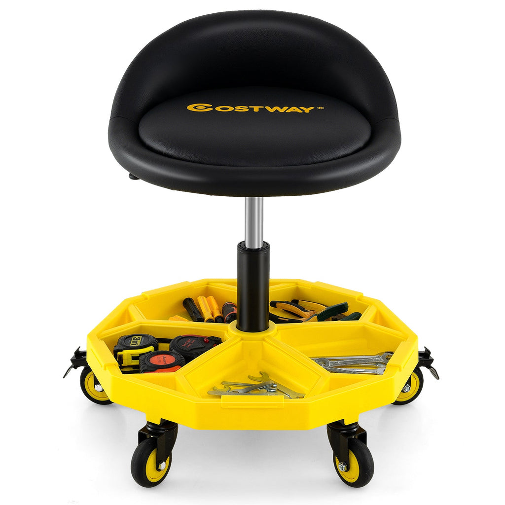 20 Inch-25 Inch Height Adjustable Rolling Garage Stool with Tool Tray Storage-Yellow