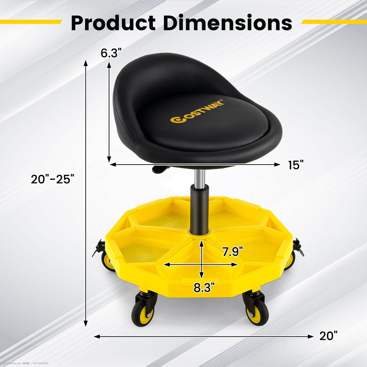 20 Inch-25 Inch Height Adjustable Rolling Garage Stool with Tool Tray Storage-Yellow