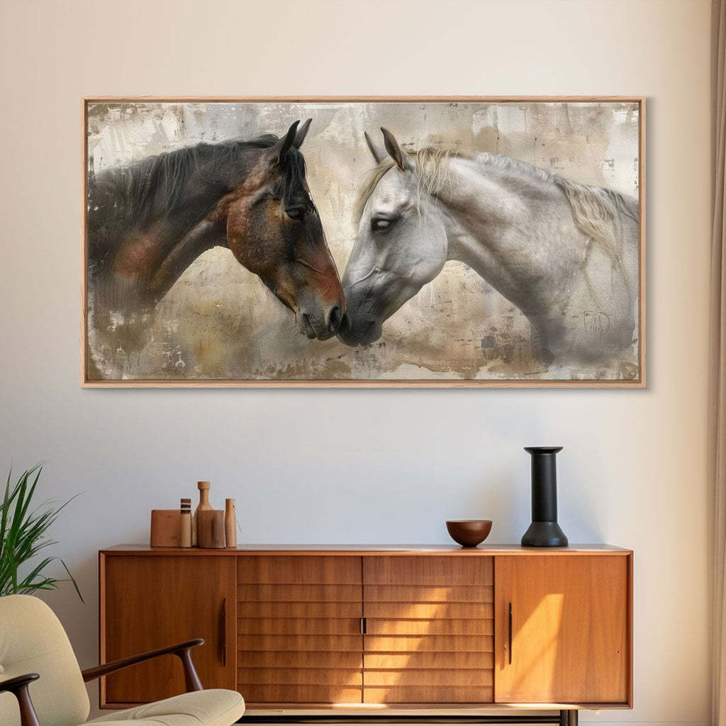 Spotted and Dark Horses, Framed Canvas Print for Rustic Living Room Decor, Equine Art for Home and Bedroom Decoration