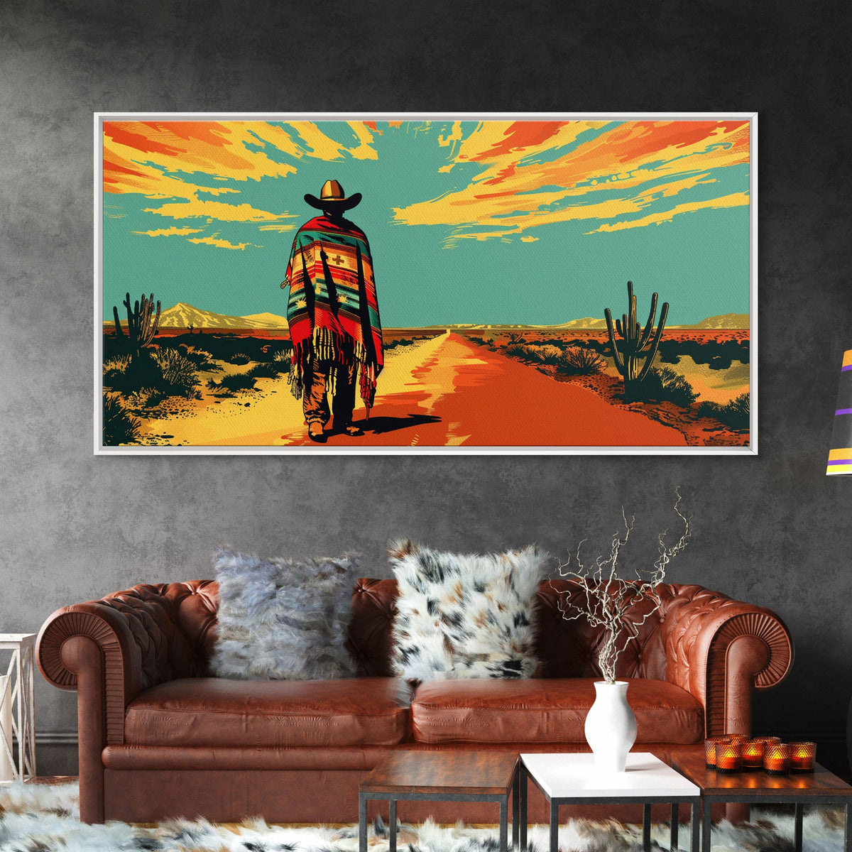 Lone Cowboy with Cactus in Desert, Perfect Living Room Art, Framed Canvas Print, Rustic Home Decoration, Boho Wall Art