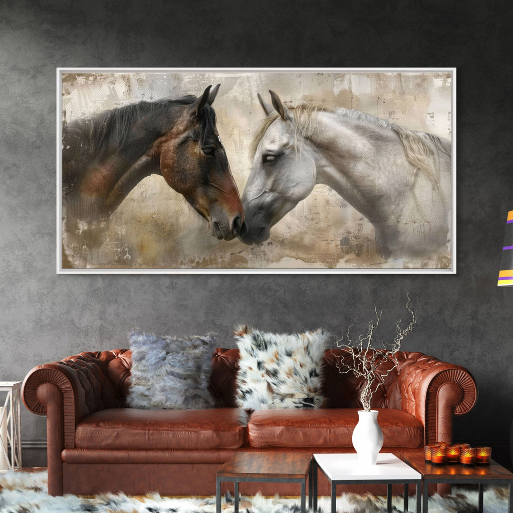 Spotted and Dark Horses, Framed Canvas Print for Rustic Living Room Decor, Equine Art for Home and Bedroom Decoration