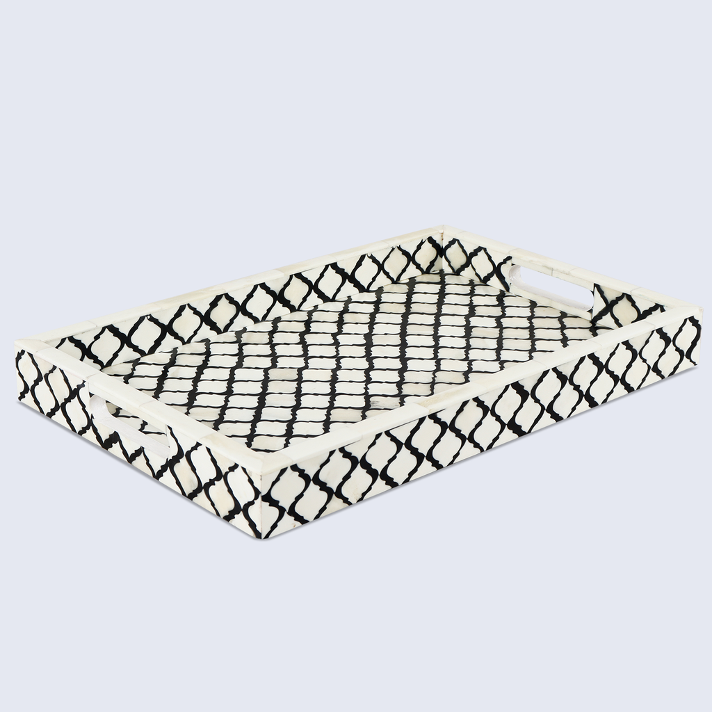 Decorative Tray Moroccan Pattern Bone & Resin Inlay, Black & White, 3 Sizes