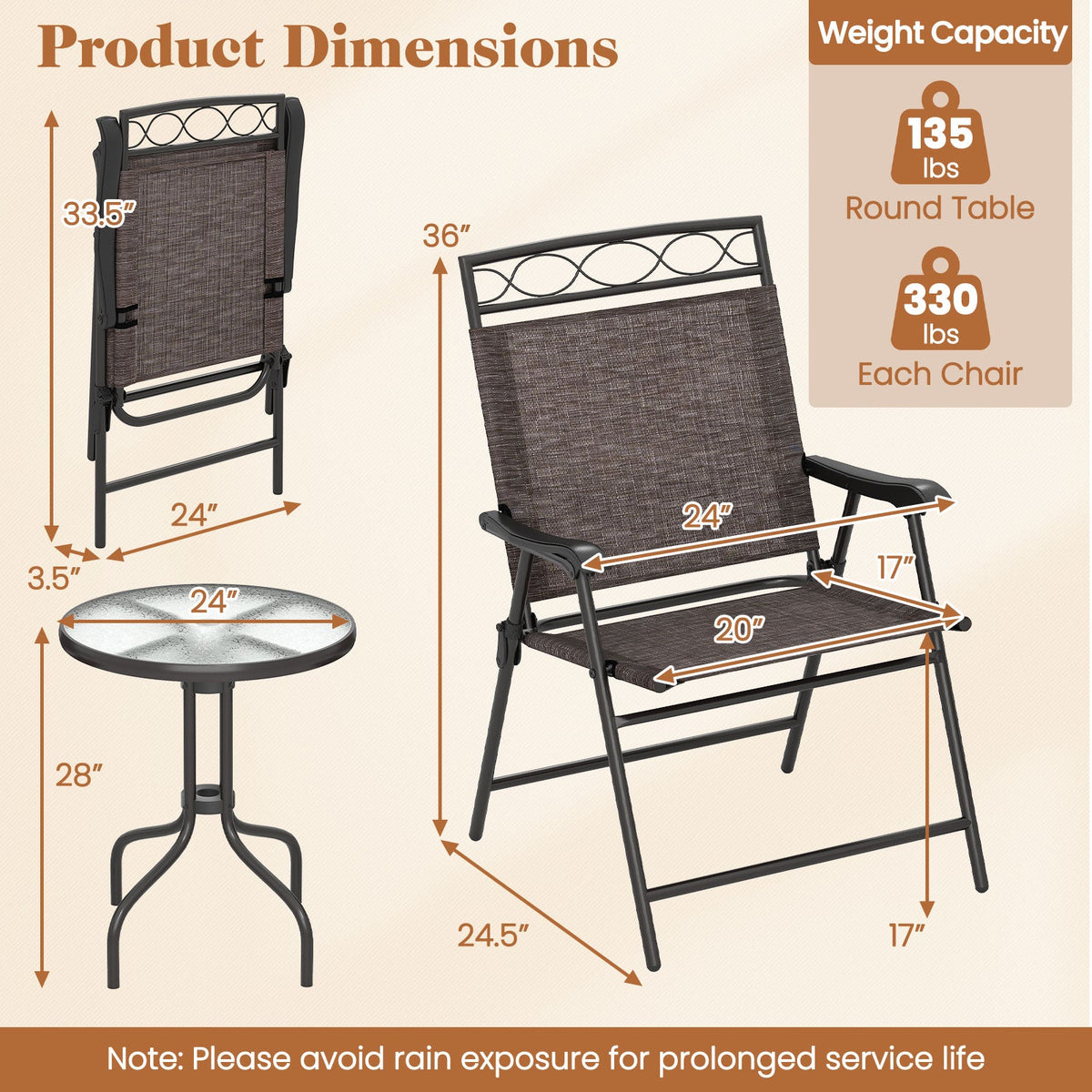 3 Pieces Outdoor Bistro Dining Furniture Set with 1.57 Inch Umbrella Hole