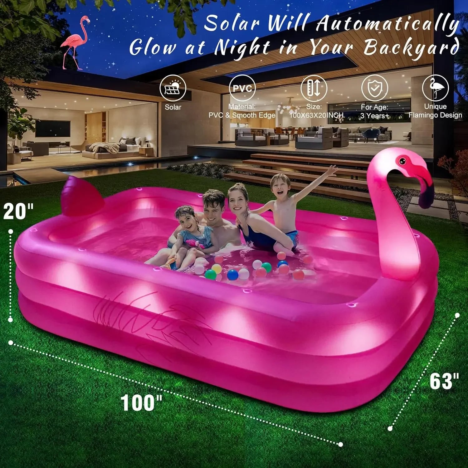 Solar Flamingo Inflatable Pool with Lights,