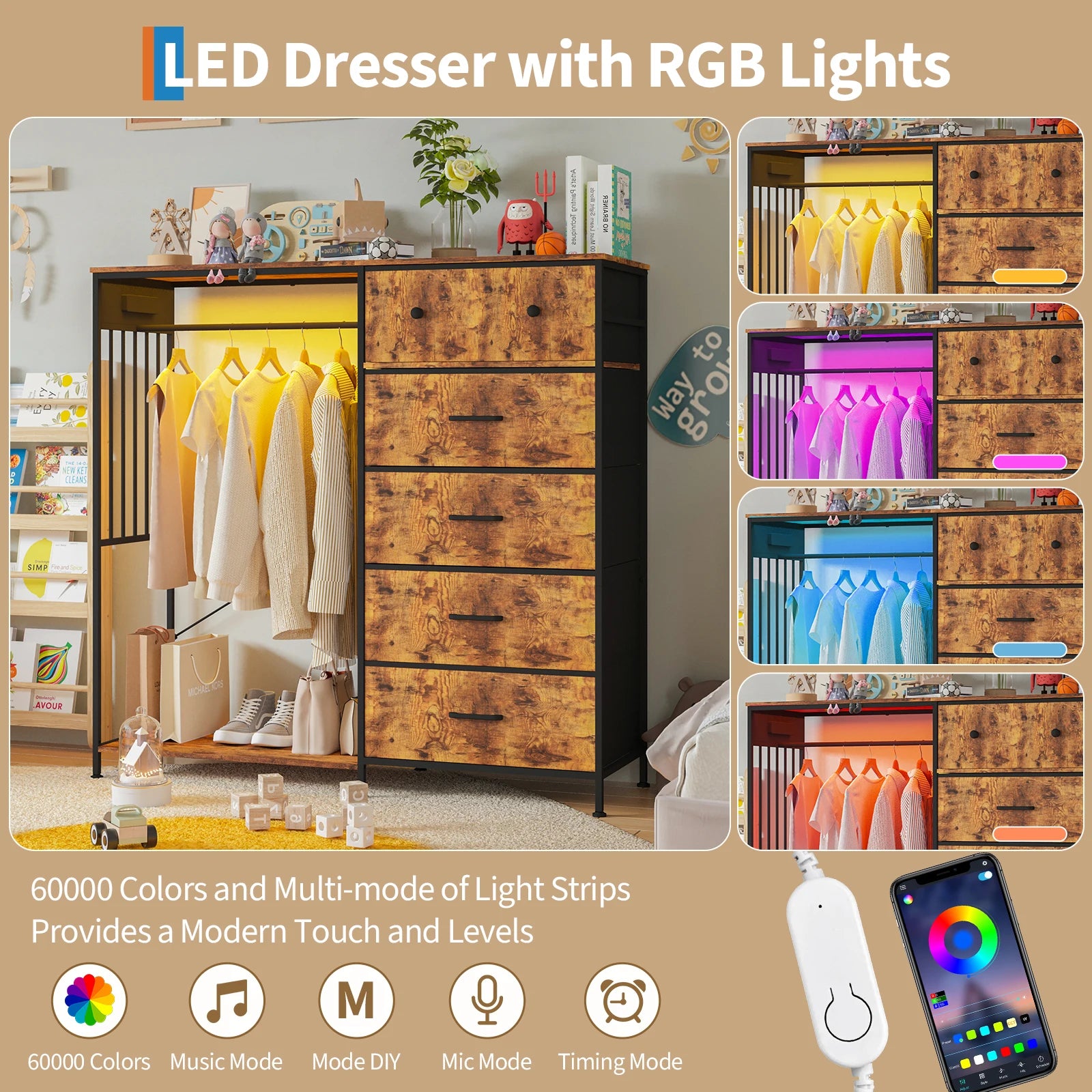 Reversible 6 Fabric Drawers Hanging Rack Dresser Closet w/LED Lights & Charging Station