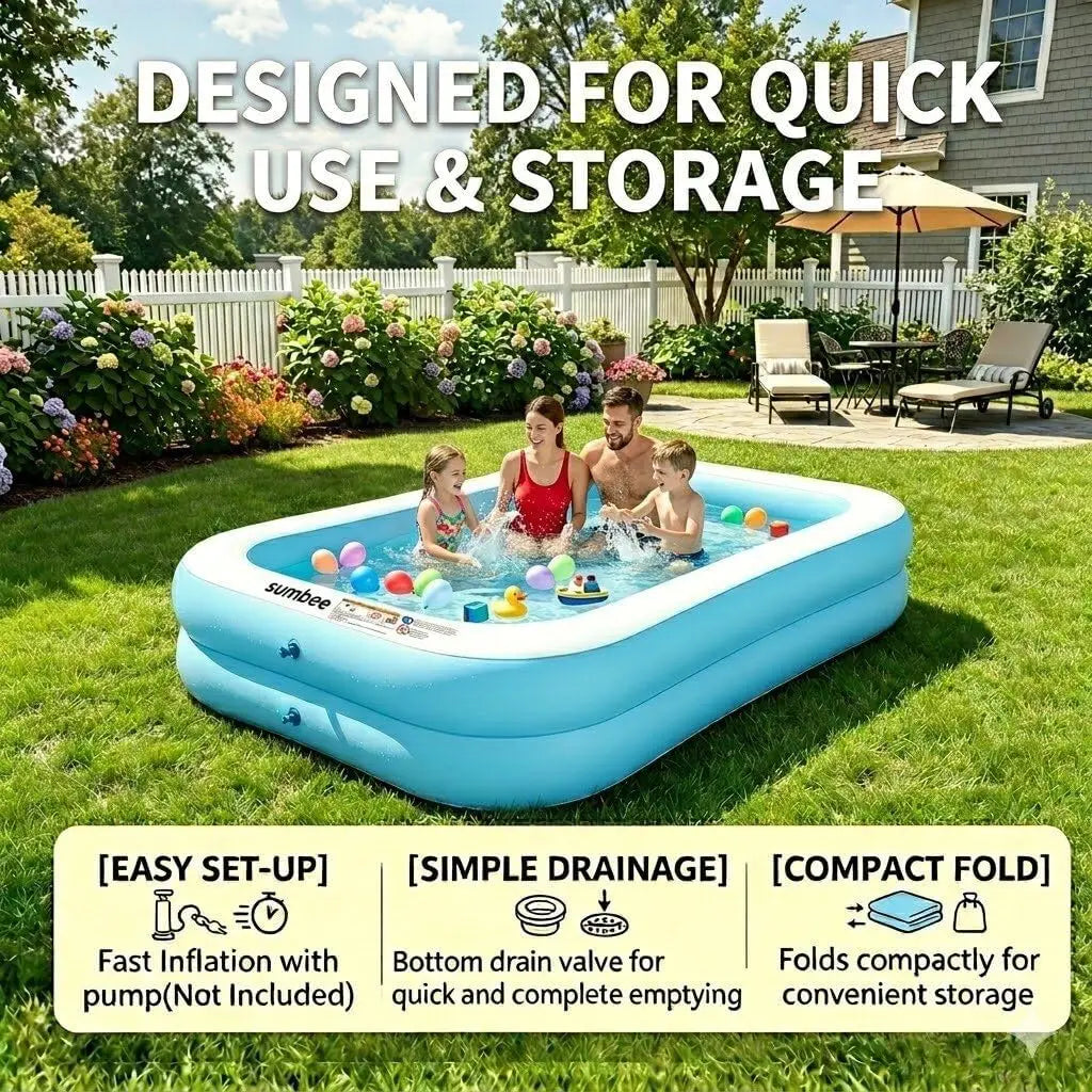 Inflatable Swimming Kiddie Pool, Size 103" X 69" X 20" Rectangle Blow Up Family Pool for Children