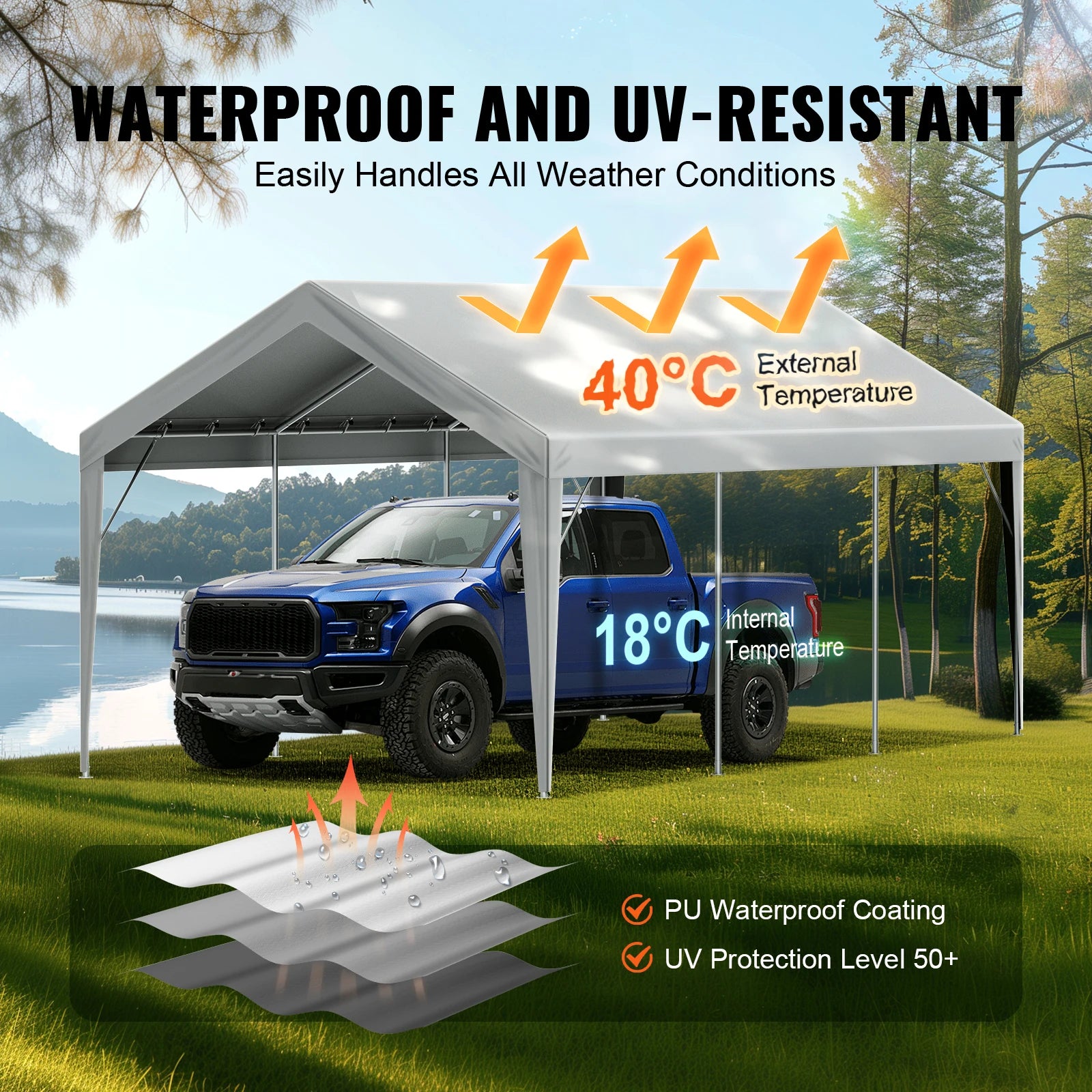 Carport Replacement Canopy Cover Heavy-Duty Waterproof & UV Protected with Ball Bungees