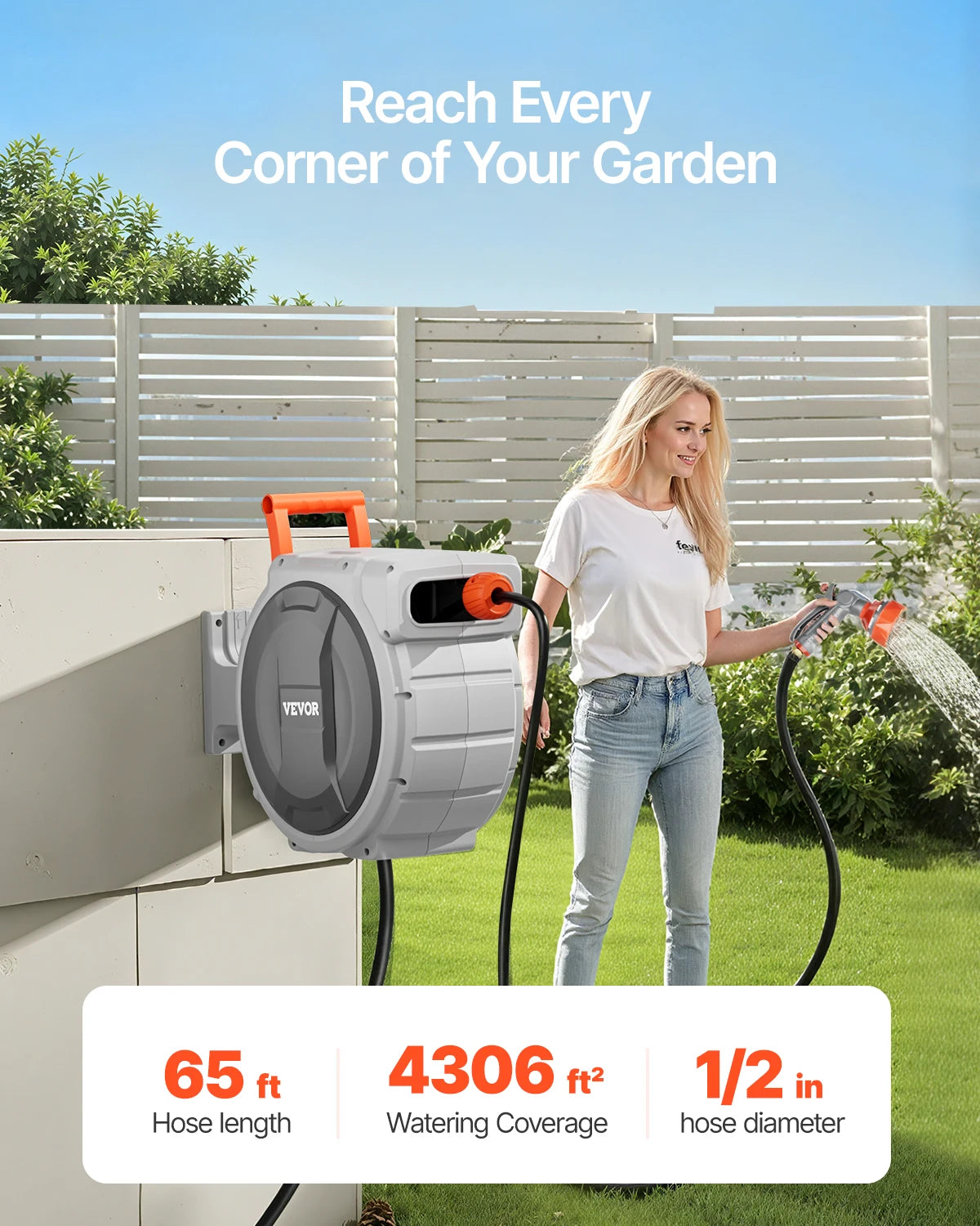 Retractable Garden Hose Wall Mounted Reel Heavy Duty with 9 Patterns Nozzle Swivel Bracket