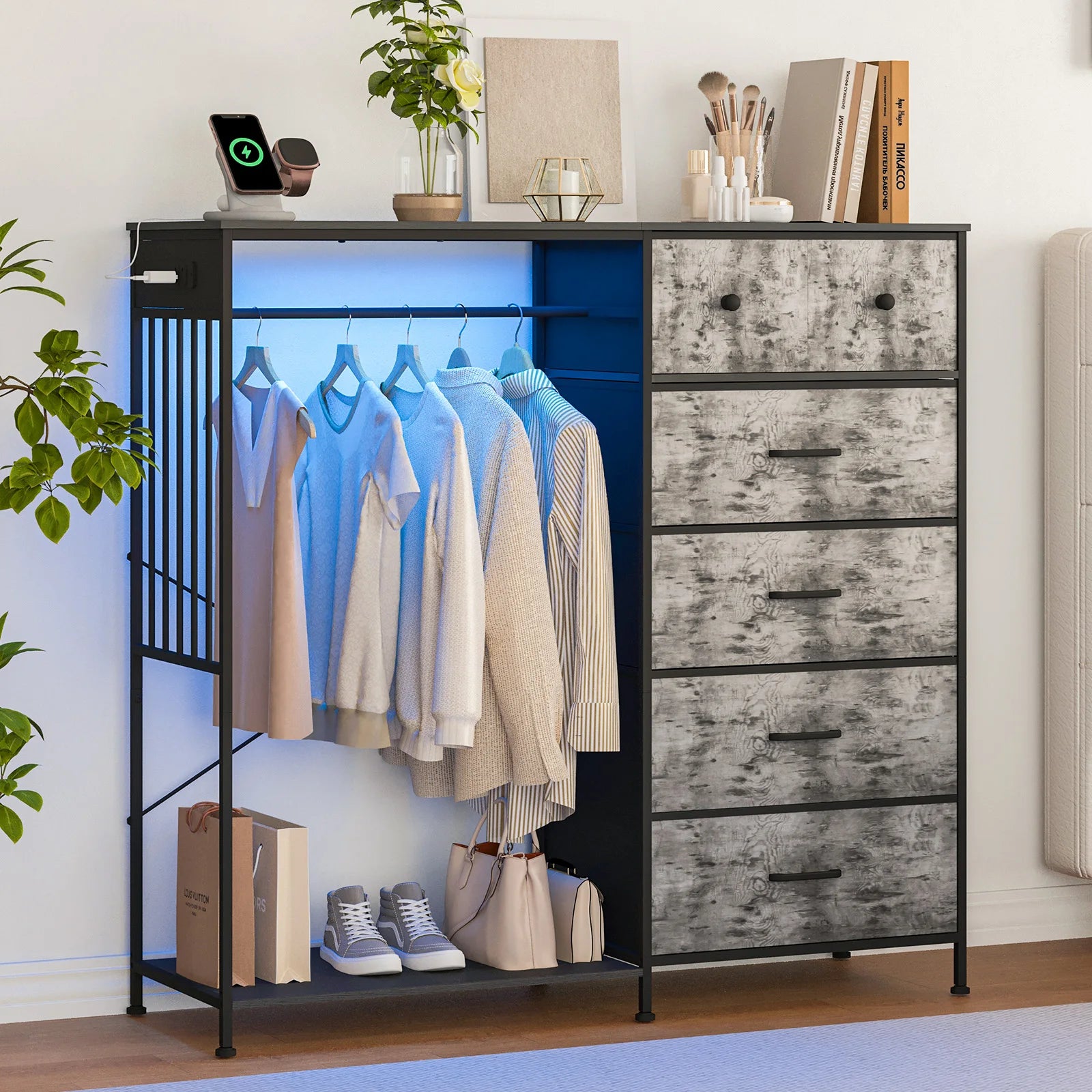 Reversible 6 Fabric Drawers Hanging Rack Dresser Closet w/LED Lights & Charging Station