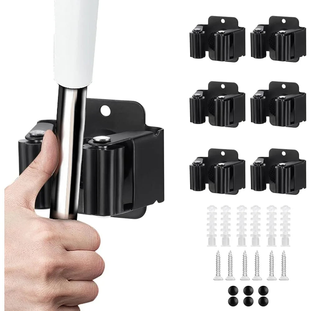 6PCS Heavy Duty Wall Mounted Garden Tool Organizer for Broom Mop Rake Shovel Handle Stainless Steel Hanger with Screws Matte Black