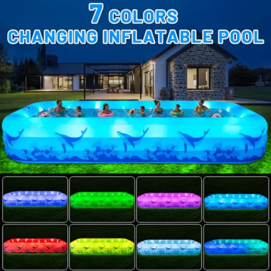 Backyard outdoor inflatable swimming pool for kids and adults, durable thickened PVC, multicolor 7-color LED light solar-powered