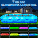 Backyard outdoor inflatable swimming pool for kids and adults, durable thickened PVC, multicolor 7-color LED light solar-powered