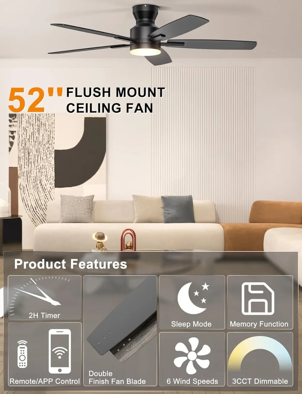 52" Low Profile Ceiling Fan with Light & Remote/APP, Quiet DC Motor, Dimmable, Black, for Bedroom Living Room