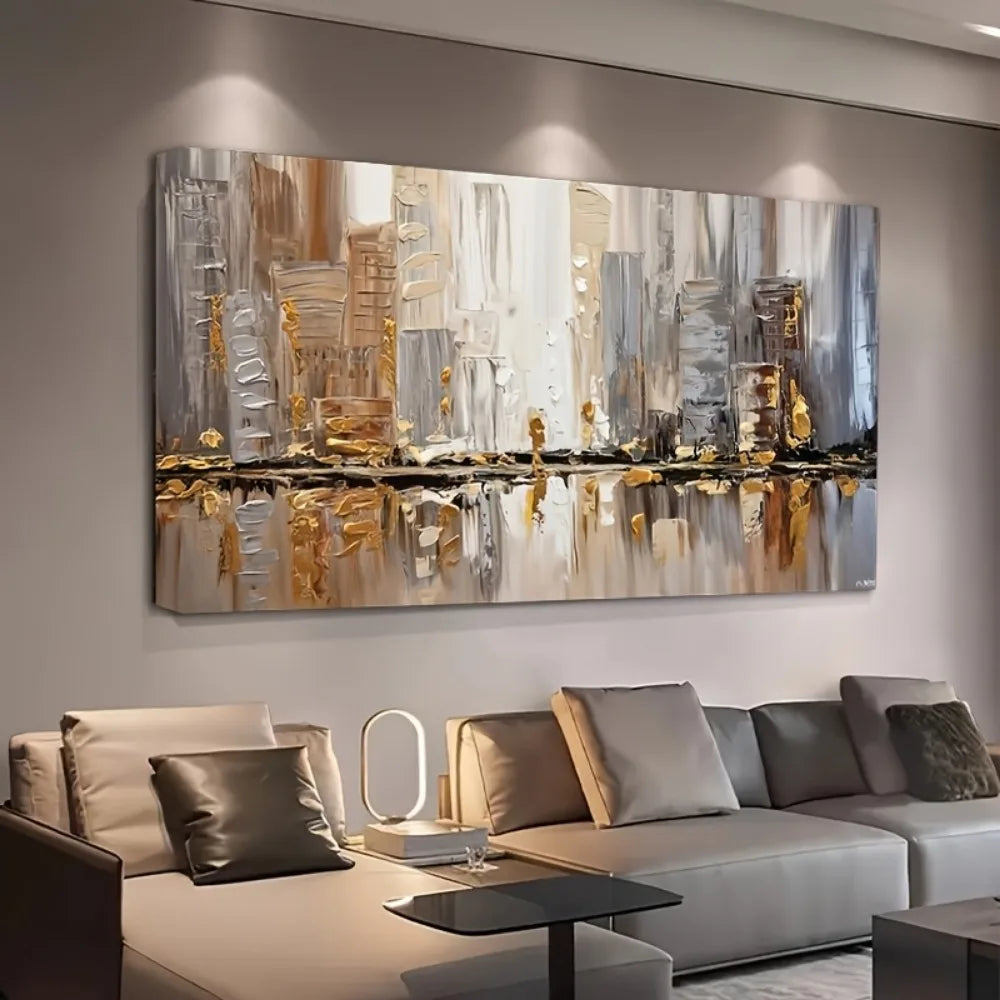 Large modern abstract oil painting - neutral tones with gold accents