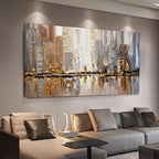 Large modern abstract oil painting - neutral tones with gold accents