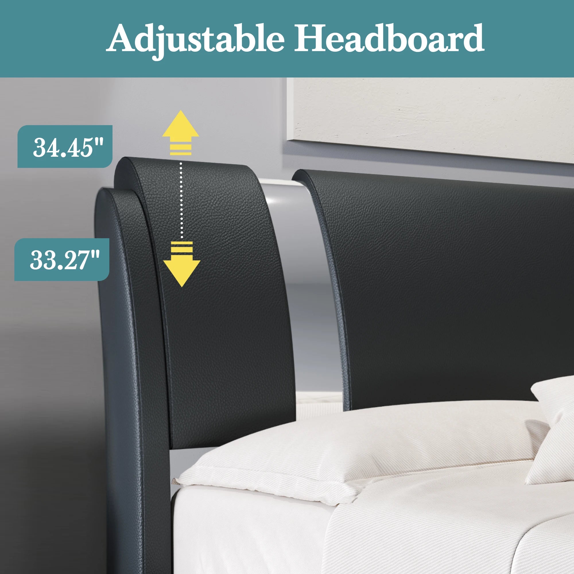 Faux Leather Bed Frame with Iron Pieces Low Profile Platform Bed with Height-Adjustable Headboard
