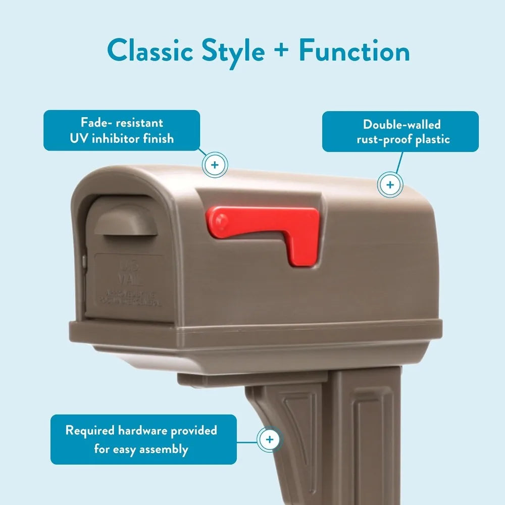 Classic Plastic Outdoor Mailbox and Post Kit,  Mocha, Durable Outdoor