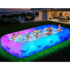 Backyard outdoor inflatable swimming pool for kids and adults, durable thickened PVC, multicolor 7-color LED light solar-powered