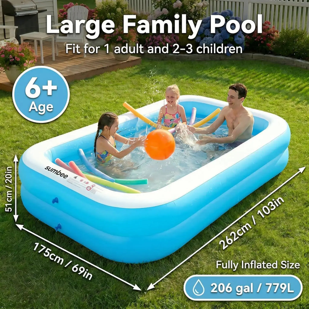 Inflatable Swimming Kiddie Pool, Size 103" X 69" X 20" Rectangle Blow Up Family Pool for Children