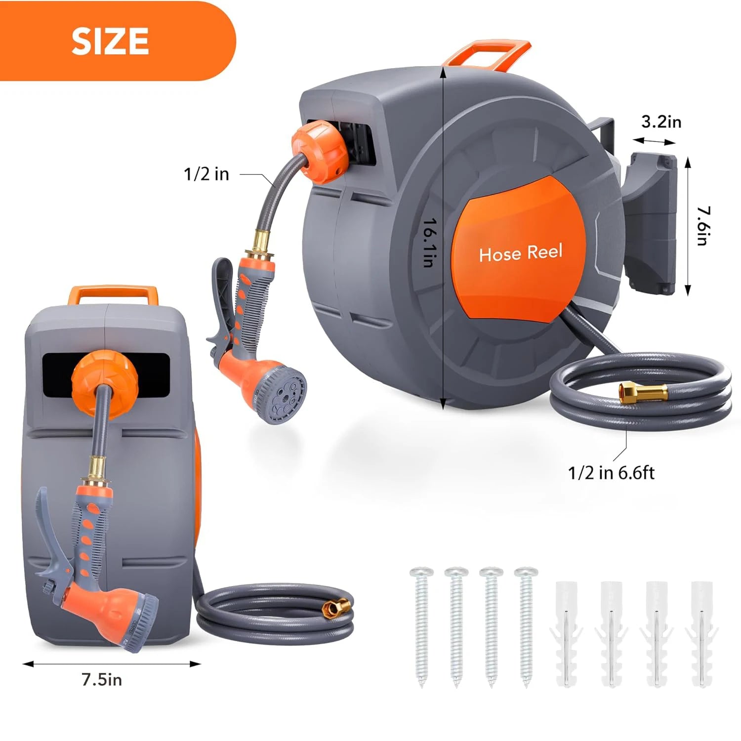 Retractable Garden Hose Reel 1/2 In x 100 FT Wall Mounted with 9 Function Sprayer Nozzle