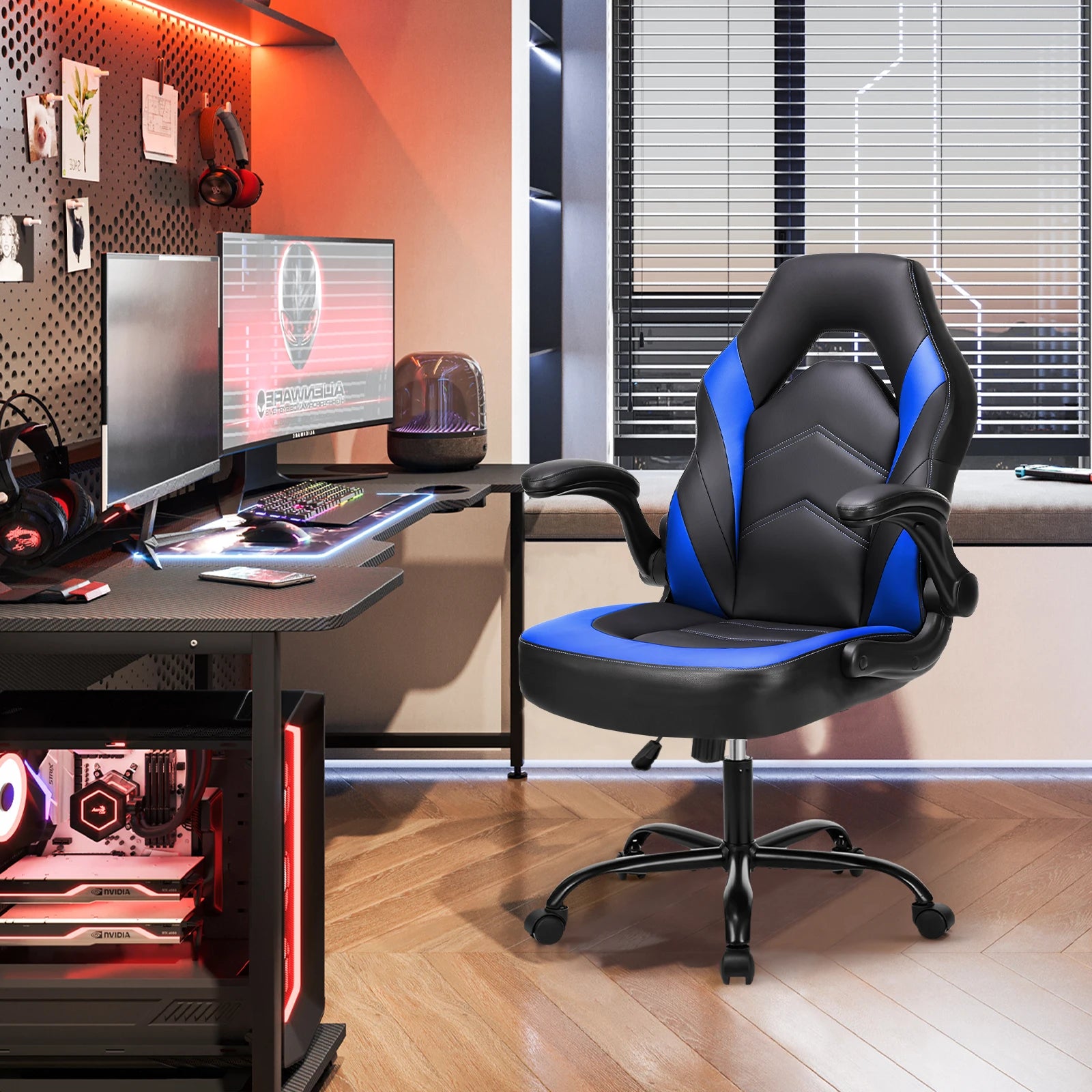 Gaming Ergonomic Office Chair with Swivel Rolling Adjustable PU Leather Racing Chair Flip-up Armrest