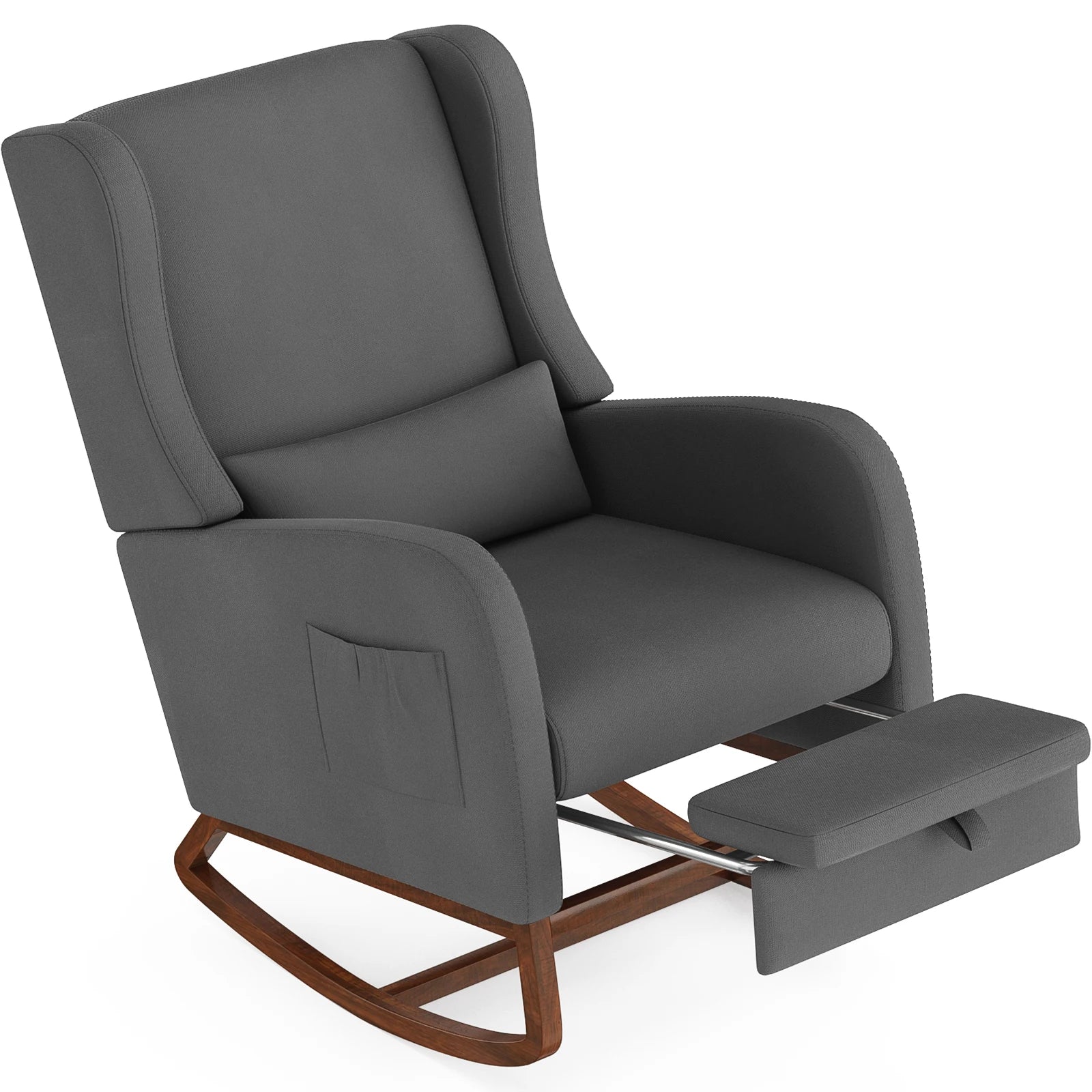 Nursery Rocking Chair, Upholstered Glider Rocker with Adjustable Footrest & Side Pocket,