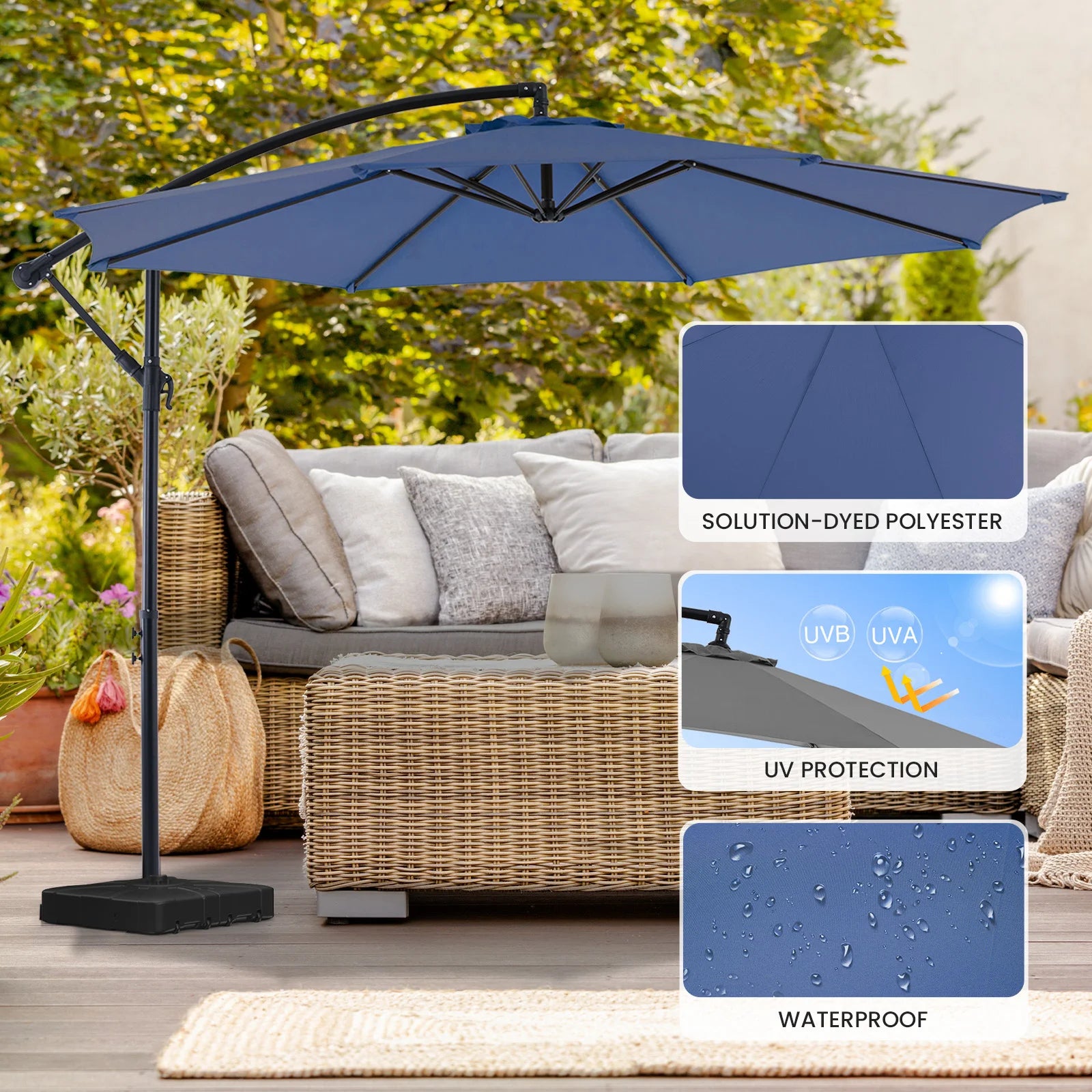 10FT Patio Umbrella Hanging Cantilever with Easy Tilt Adjustment UV Protection 8 Sturdy Ribs