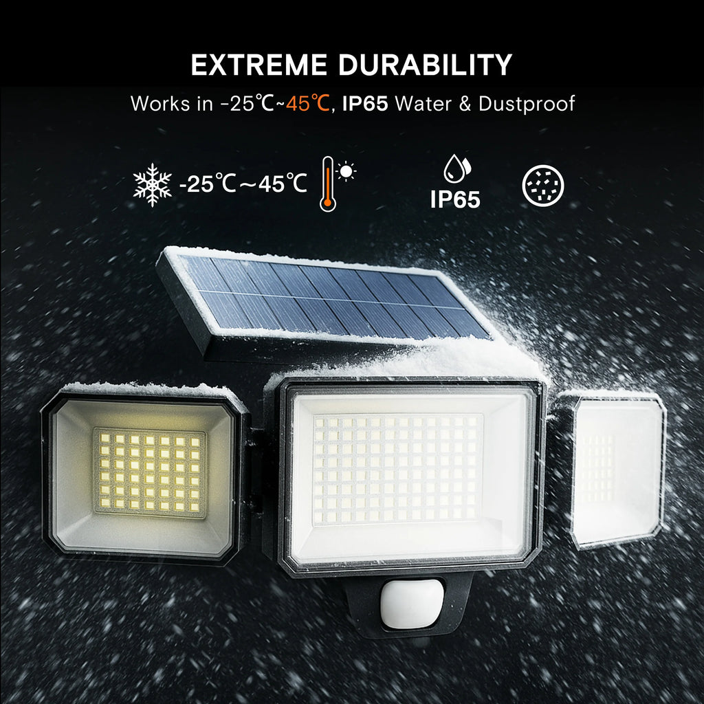 Solar Motion Sensor Outdoor Security Light, 3000LM 3-Head with 270° Wide Angle Illumination, 200+LED Wall Light for Porch Garage Yard Entrance, 3 Lighting Modes