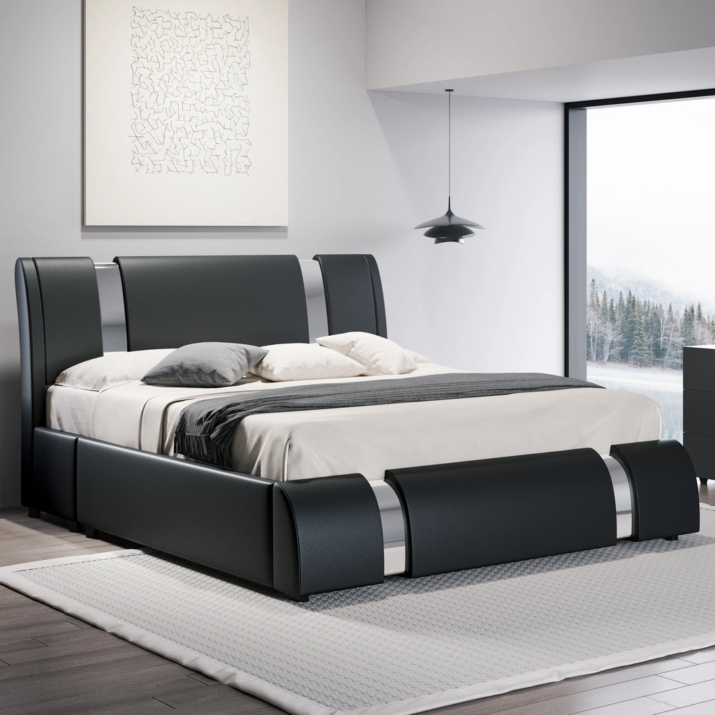 Faux Leather Bed Frame with Iron Pieces Low Profile Platform Bed with Height-Adjustable Headboard
