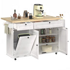 60" Mobile Kitchen Island With Drop Leaf Table, Power Outlet Spice Towel Rack Trash