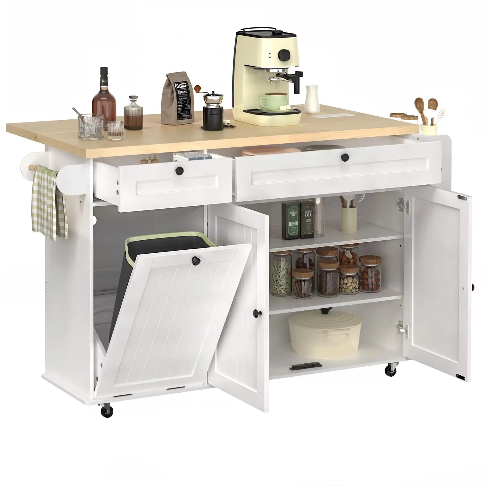 60" Mobile Kitchen Island With Drop Leaf Table, Power Outlet Spice Towel Rack Trash