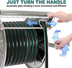 Stainless Steel Garden Hose Reel Heavy Duty Wall Mount 150 Feet Capacity Outdoor Pipe Storage Organizer Automatic Guide Handle Solid Brass Connectors