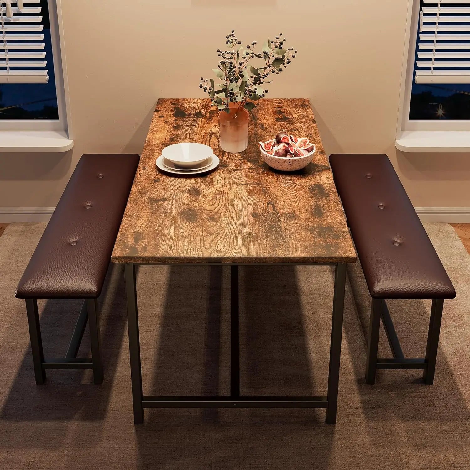 Brown Dining Table Set for 4 With Upholstered Benches,