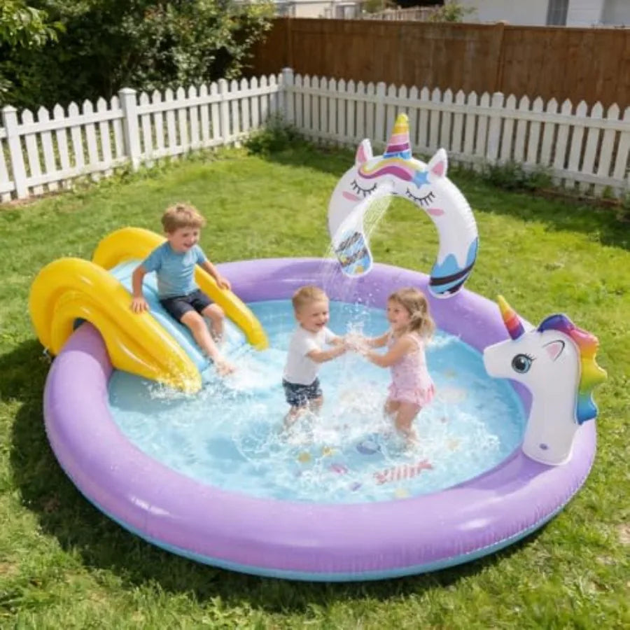 Unicorn Inflatable Swimming Pool with Water Slides and Sprayer for Outdoor Garden Backyard