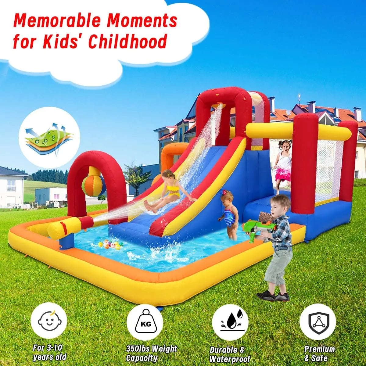 Inflatable Water Slide, 10 in 1 Water Park Bounce House with Splash Pool, 2 Slides, Ball Pit, Water Cannon, Climbing Wall