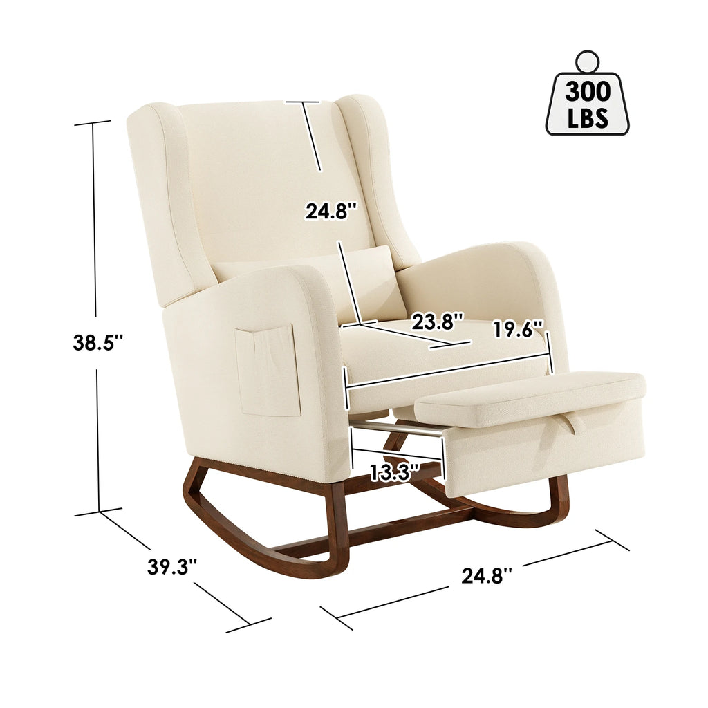 Nursery Rocking Chair, Upholstered Glider Rocker with Adjustable Footrest & Side Pocket,